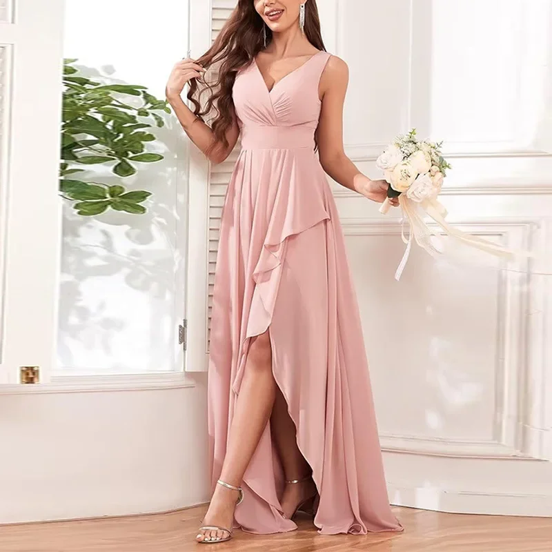 Casual Women V Neck Bridesmaid Dresses 2024 New Fashion Slit Long Ruffle Formal Evening Dress Wedding Party Gowns Chiffon