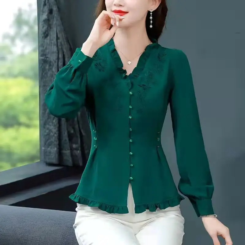 Повседневная приталенная рубашка с V-образным вырезом винтажная однотонная