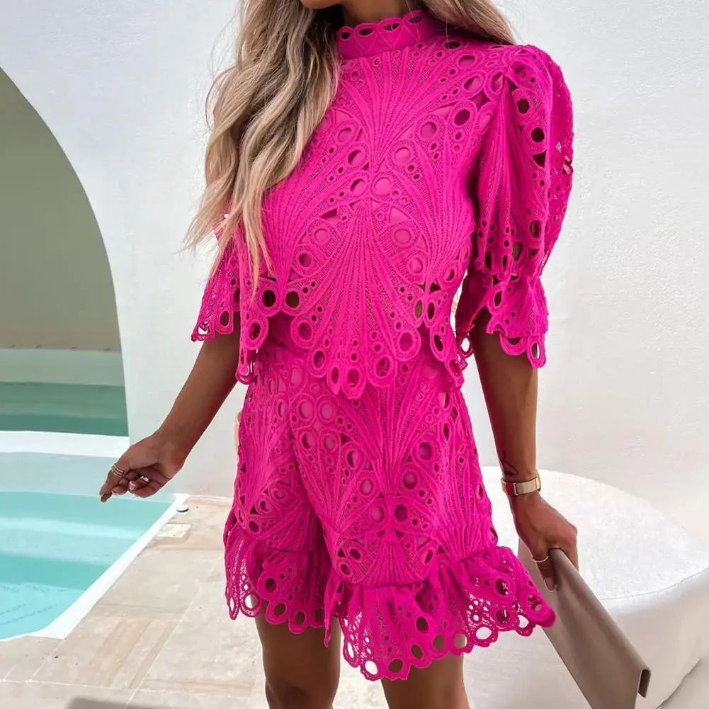 

2Pcs/Set Patchwork Women Outfit Back Zipper Hollow Out Top Shorts Outfits Stylish Crew Neck Women Outfit for Party