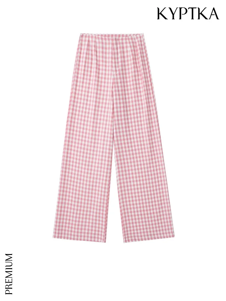 

KYPTKA Women Fashion Gingham Check Straight Pants Vintage High Waist Zipper Fly Female Trousers Mujer