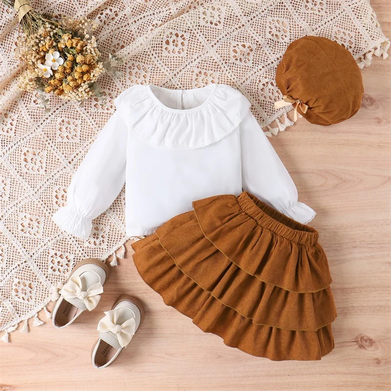 

4-7Y Toddler Girl 3Pcs Outfit Doll Collar Long Sleeve Shirt and Layered Ruffles Skirt Beret Hat for Toddler Fall Clothes