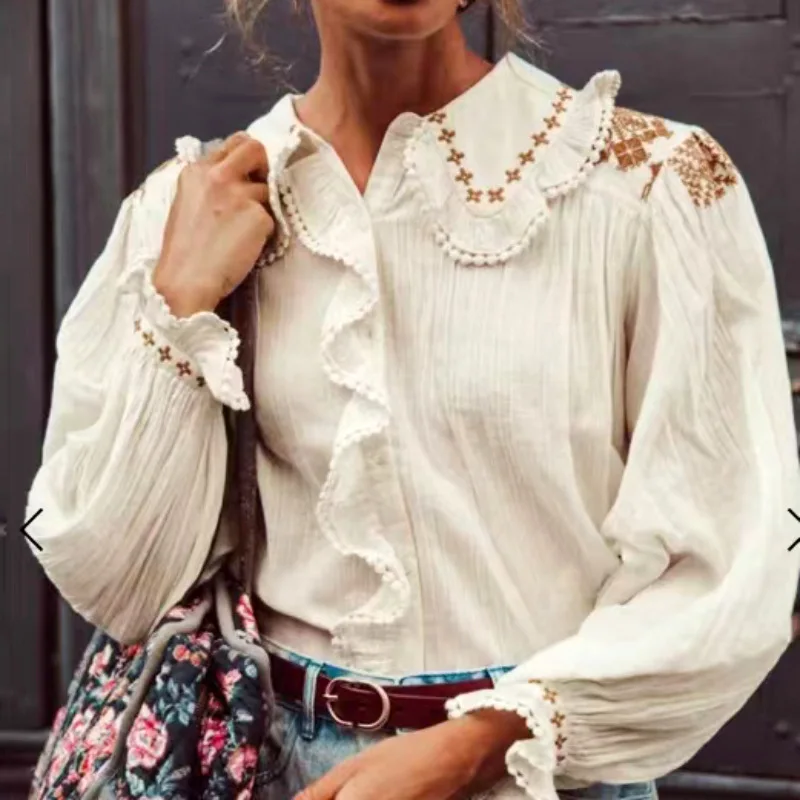 

Women Embroidery Shirt tops 2022 New Pleated Ruffles Single Breasted Long Flared Sleeve Blouse