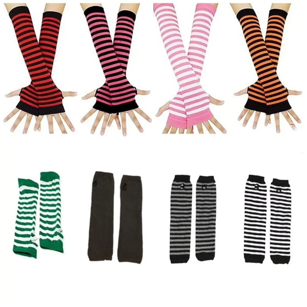 

Women Girls Soft Striped Arm Cover Cotton Knitted Gloves Wristband Fingerless Long Glove Elbow Mitten