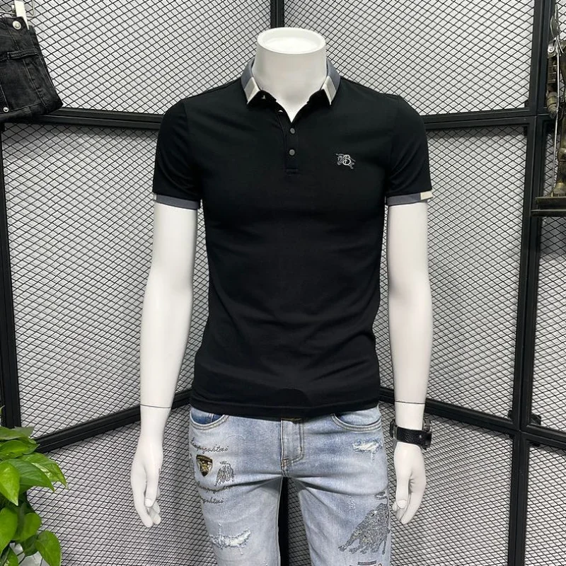 

Polo Men's T-shirt with Collar Man Tee Shirts Streetwear Embroidery Top Slim Fit Print Clothes Watercolor Party Kpop White Xl S