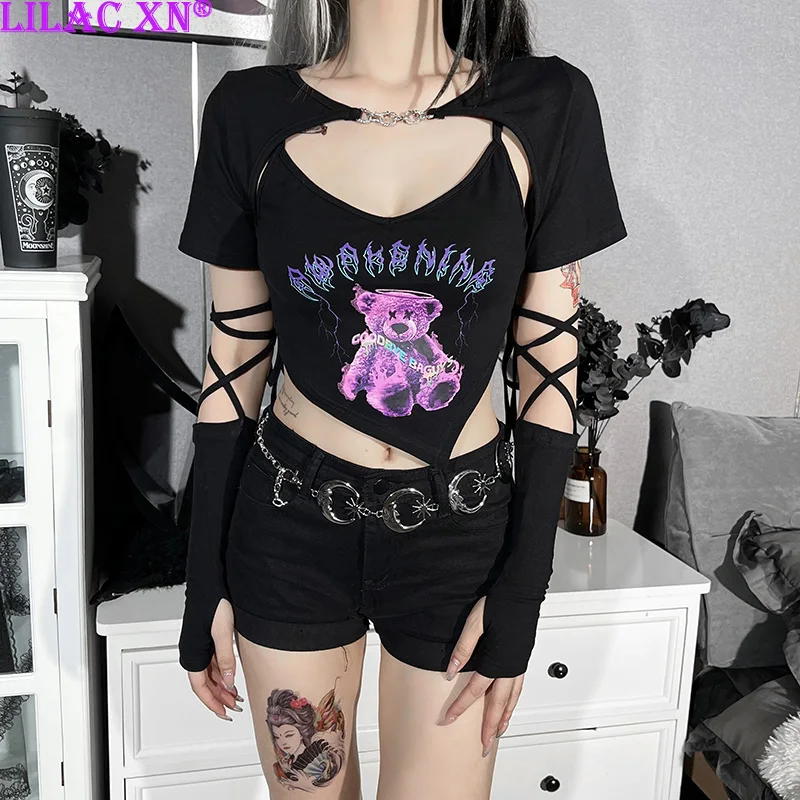 

Goth Bear Pattern Print 2PCS Over Sleeves T-Shirts Y2K Aesthetic Harajuku Halter Black Short Sleeves Crop Tops for Women Summer