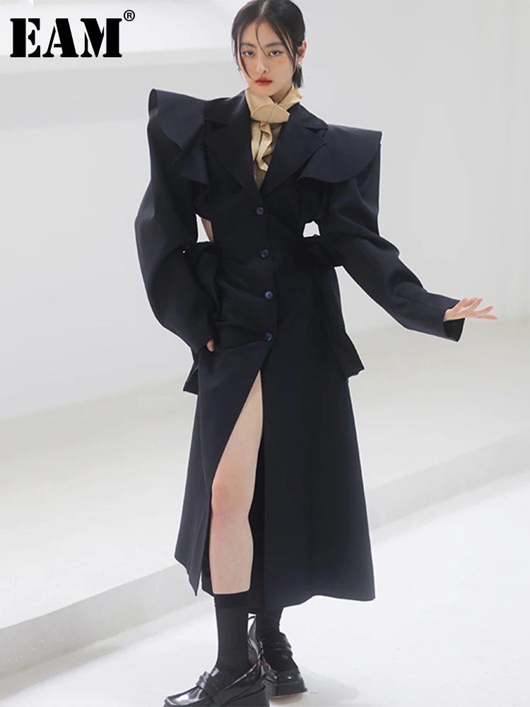 [EAM] свободное черное пальто большого размера с дырочками длинное шерстяное парки