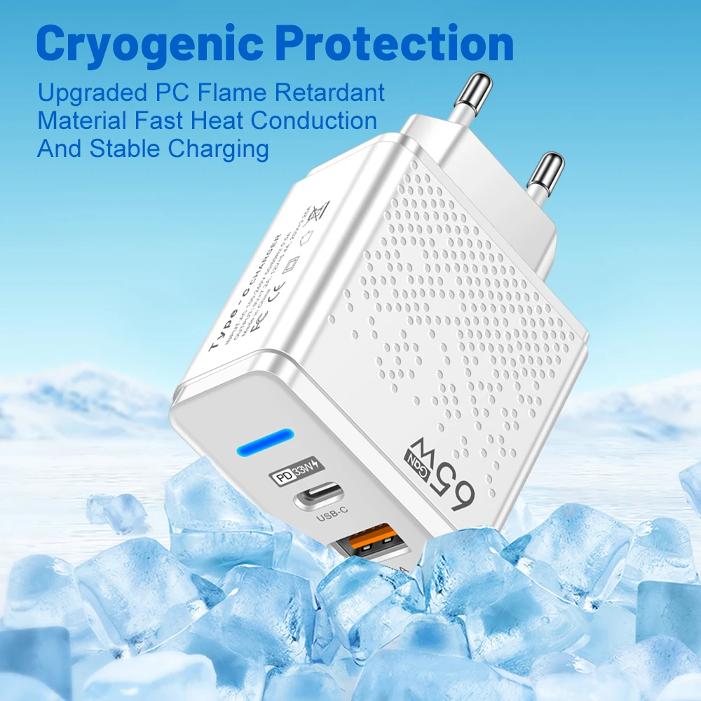 USB Type-C 65W Quick Charging Power Adapter For IPhone 14 13 IPad Huawei Mate 40 30 Samsung S22 21 Xiaomi 13 Fast Wall Charger
