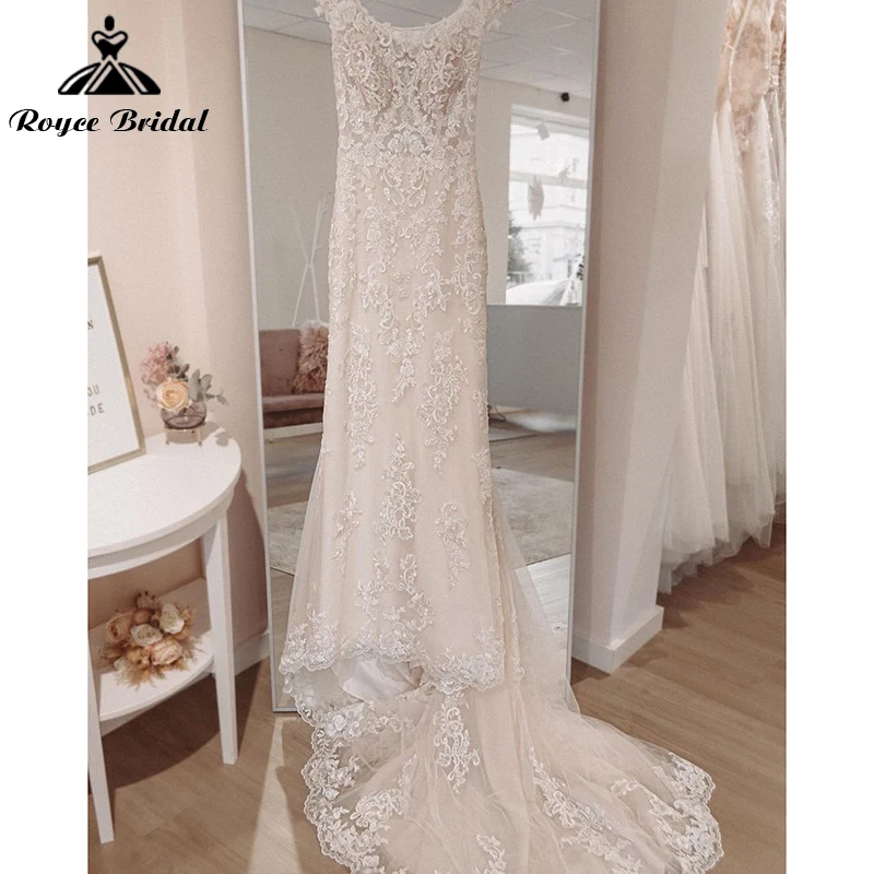 

Charming Trumpet Wedding Dress Mermaid Lace Appliqued Cap Sleeve Backless Scoop Neck Wedding Gowns For Bridal Robe De Mariee