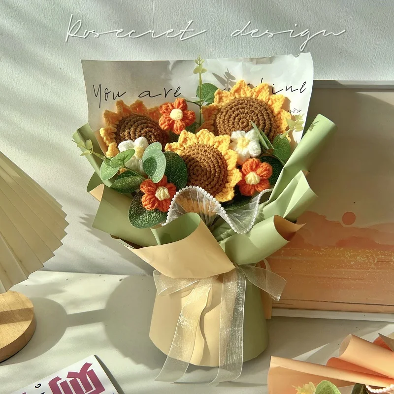 Искусственный букет из шерсти гвоздики ручной вязки Подсолнухи роз хлопковые