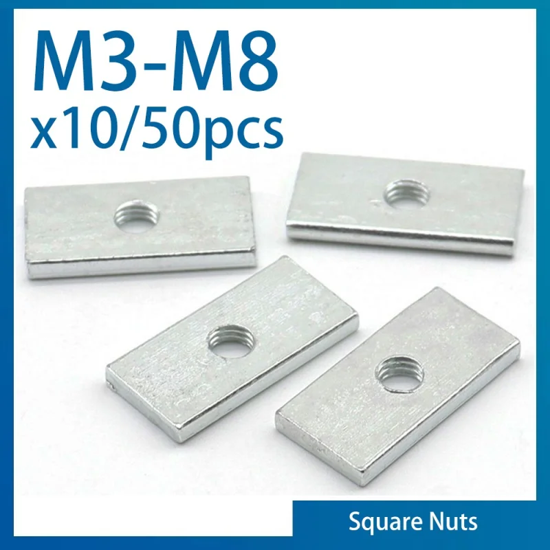 

10/ 50pcs Square Nut M3 M4 M5 M6 M8 Zinc-Plated Carbon Steel Thin Rectangular Nuts Slider Block for Aluminum Profile Accessory