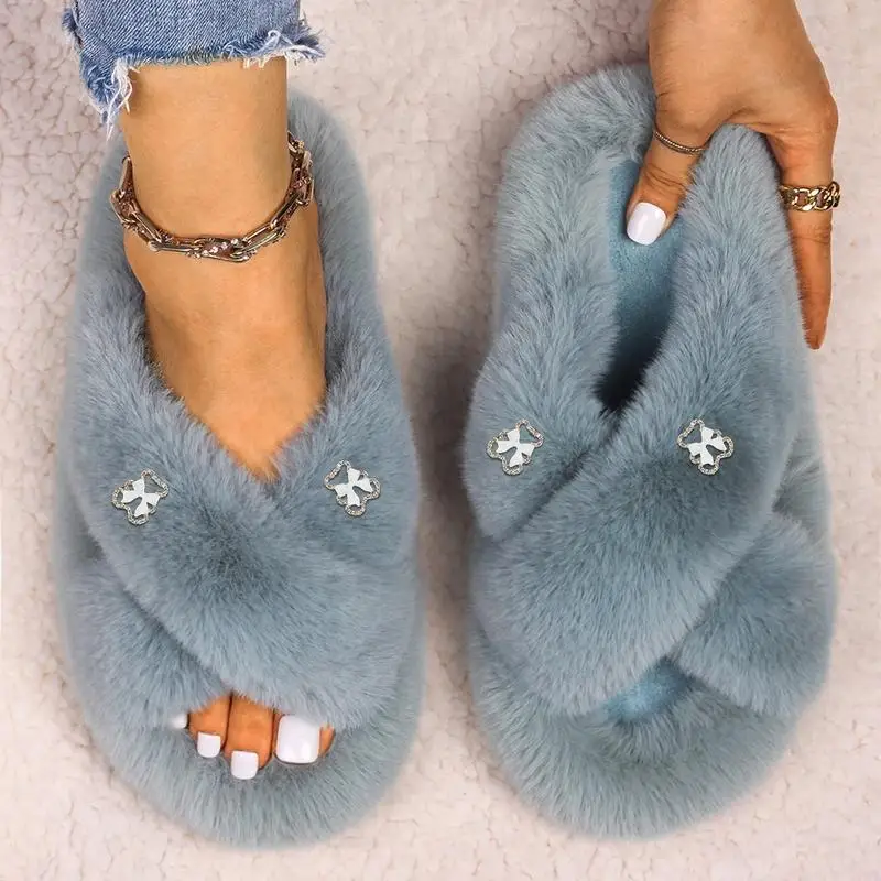 Winter Warm Female Faux Fur Slippers Fluffy Soft Bowknot Bear Platform Shoes Home Slides for Women Fashion Casual Flip Flops