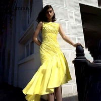 yellow beach prom dress spaghetti straps backless sexy summer party dresses pleats back lace up tea length evening gown