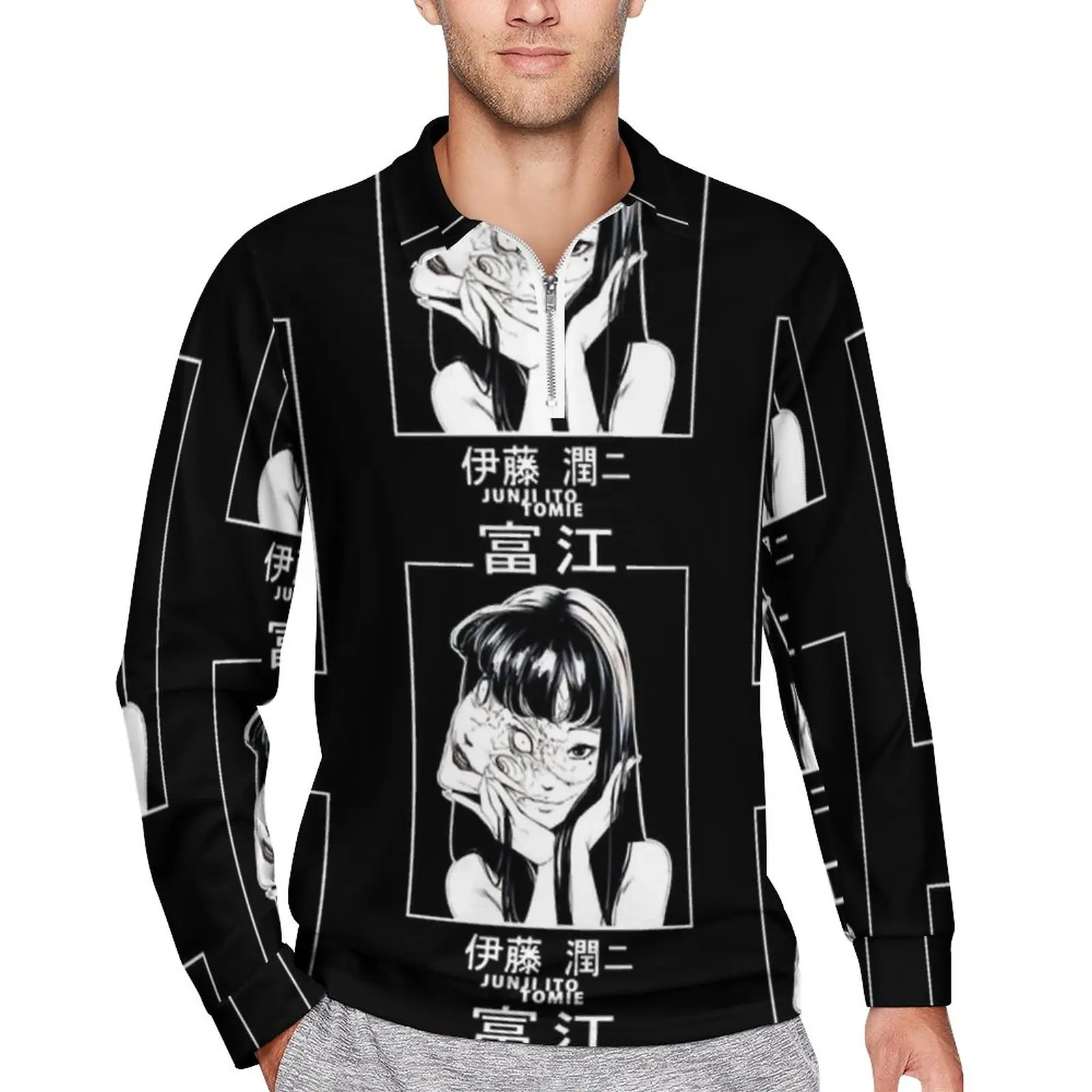 

Рубашка-поло Junji Ito мужская с длинным рукавом, свободная повседневная Уличная одежда с японским мультяшным принтом, осенняя графическая блузка, 5XL