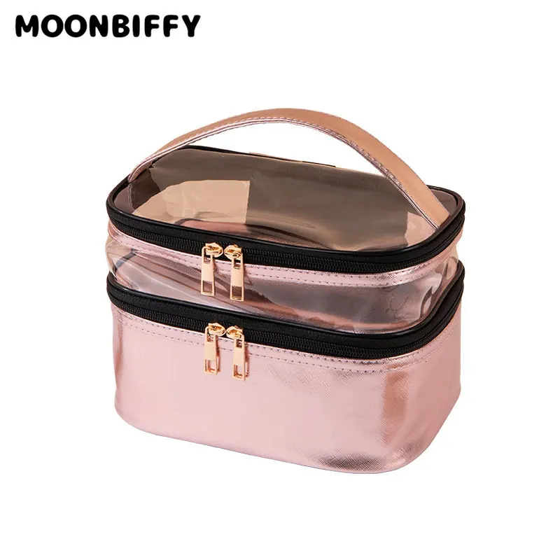 

Makeup Bag Make Up Metal Pink Transparent Double-layer Cosmetic Bag Multifunctional Portable Waterproof Toiletry Bag Storage Box