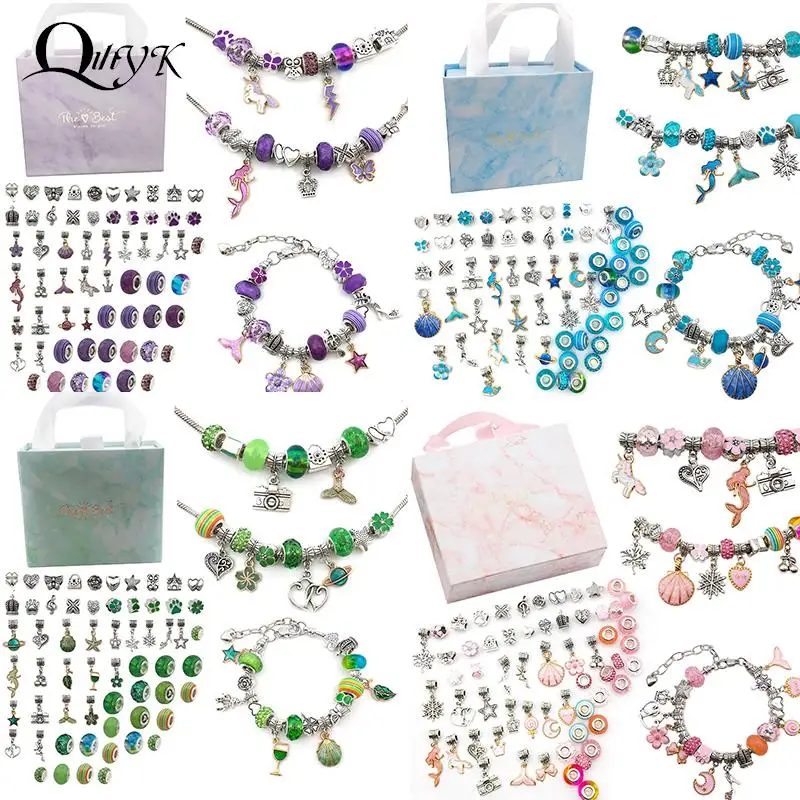 

64pcs Jewerly Making Kit Charm Bracelet Necklaces Present Pandora Alloy Beads Set DIY Child Bracelet With Package Bag