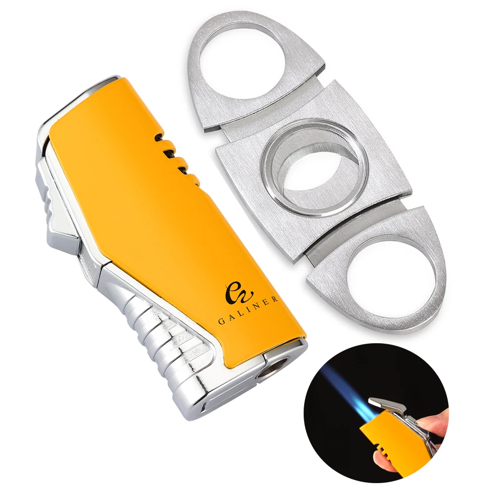 

GALINER Cigar Cutter Lighter Set Accessories Combo Professional Windproof Jet Butane Gas 3 Torch Lighter With Cigar Punch Knife