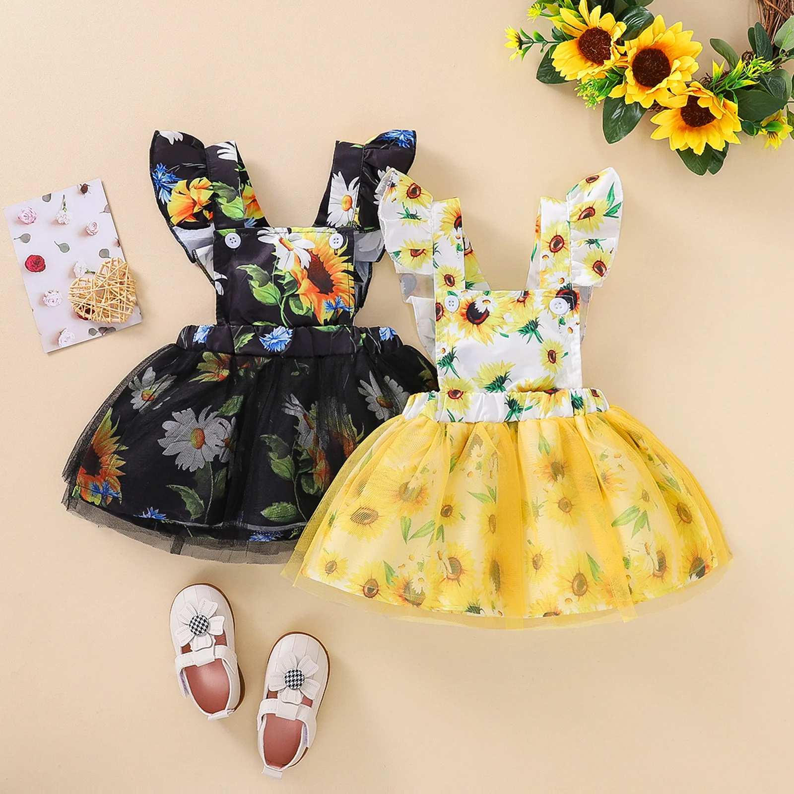 

Baby Girls Sweet Style Dress, Summer Toddlers Sunflower Printing Fly Sleeve Mesh Splicing Princess Suspender Skirt