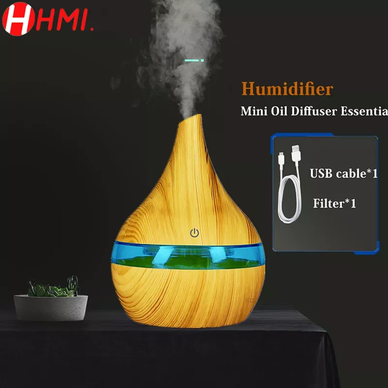 

300ML Air Humidifier Electric Aroma Diffuser Aromatherapy Diffuser Oil Mist Maker Fogger Wood Grain 7 Colours LED Light for Car