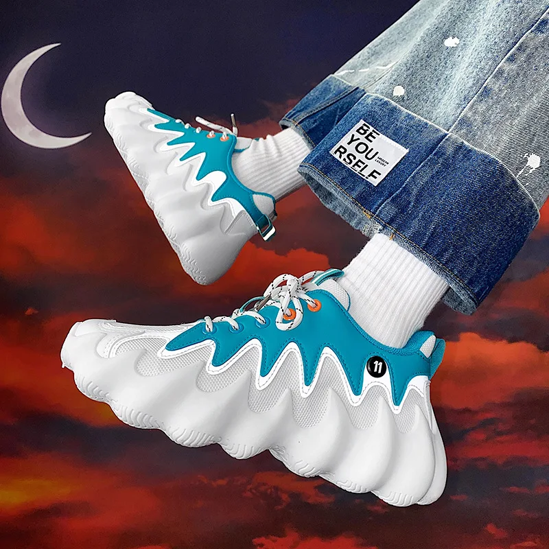 Trendy Men's Shoes Reflective Thick Bottom Platform Sneakers Breathable Stretch Mesh Men's Shoes Lightweight Running Footwear