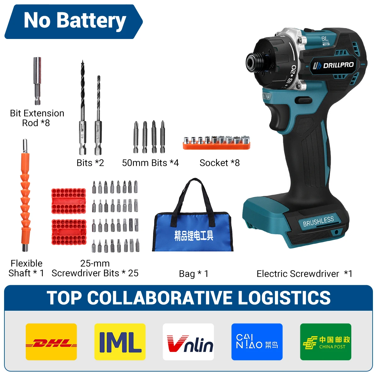 Drillpro 47 шт. 1000 Вт Бесщеточная электрическая ударная дрель 20 + 1 крутящий момент 1/4 дюйма Электрическая аккумуляторная отвертка 280 Нм Электроинструменты