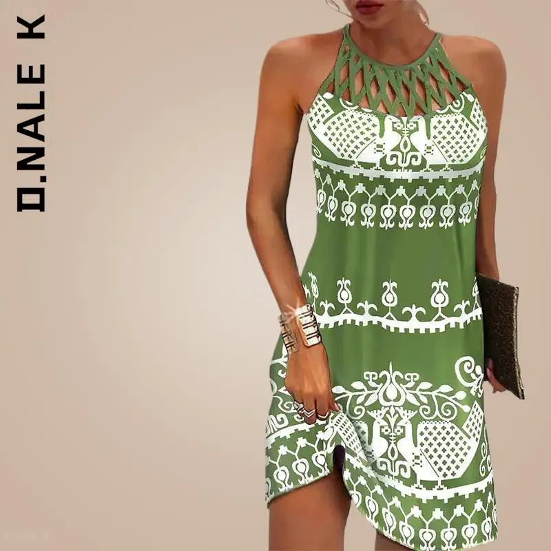 

D.Nale K Summer Women's Elegant Round Neck Hollow Out Vintage Cutout Neck Sleeveless Halter Print Dress Floral Sexy Party Dress