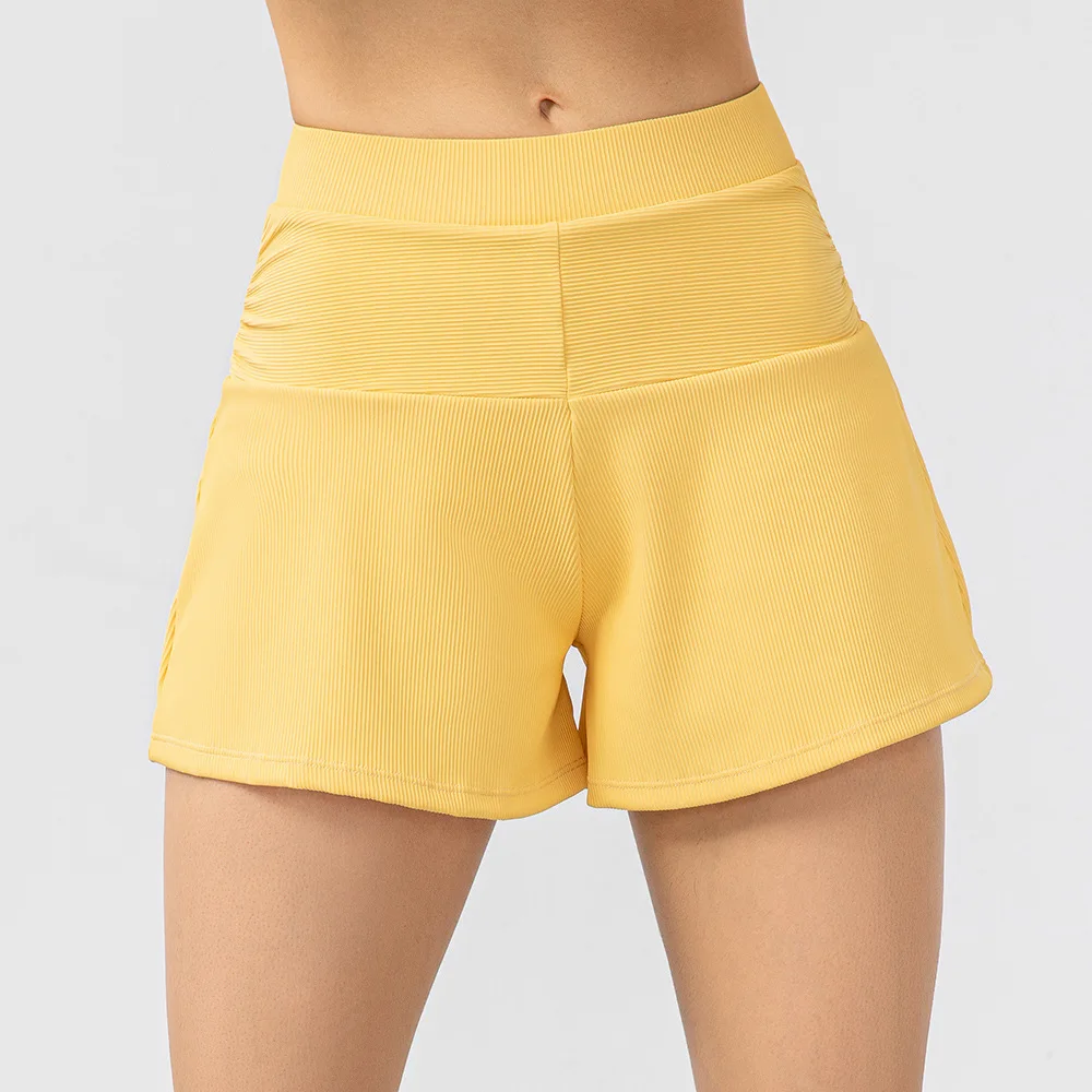 

Женские шорты 2 в 1 с высокой талией для фитнеса и бега, однотонные ребристые эластичные шорты для тренировок и спортзала, Женская дышащая сп...
