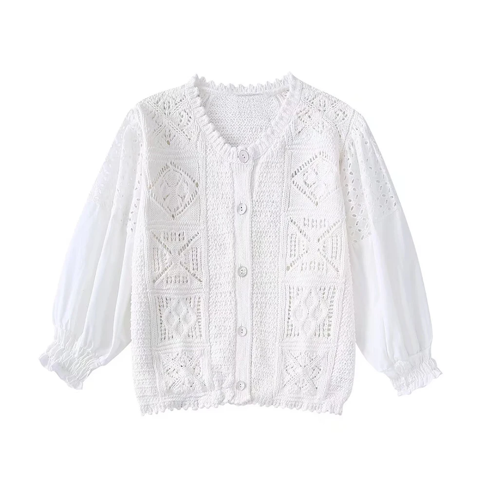 

Женский трикотажный кардиган с длинным рукавом, белый сетчатый кардиган контрастных цветов, Новинка лета 2022