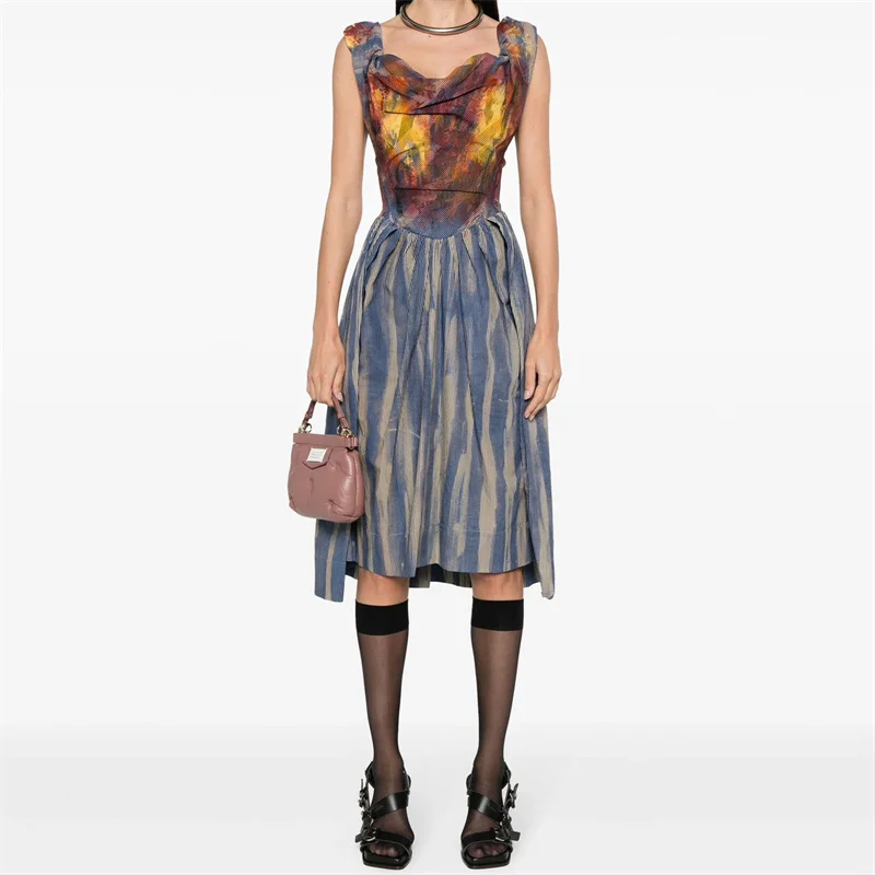 Eleganckie sukienki dla kobiet 2024 letnia nowa moda Slim Fit długie bez rękawów bawełniana ręcznie rysowana graffiti sukienka do kolan