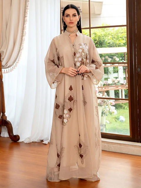 Muslim Abaya Dress Dubai Ramadan Sequins Floral Embroidered Casual Loose Robe Moroccan Caftan Dresses For Women