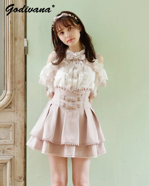 Женская кружевная плиссированная короткая юбка с завышенной талией и кожаным