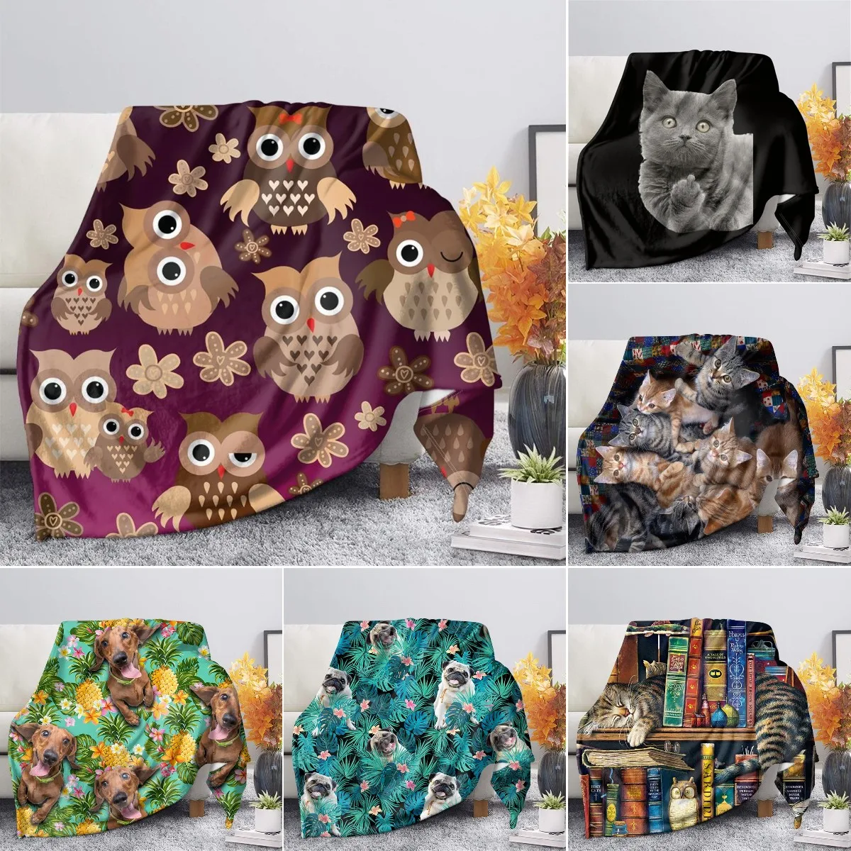 Animals Throw Blanket Owl Cat Dog Flannel Blanket King Queen Size Teenage Boys Girls Gift for Bed Sofa Couch Blanket Super Soft