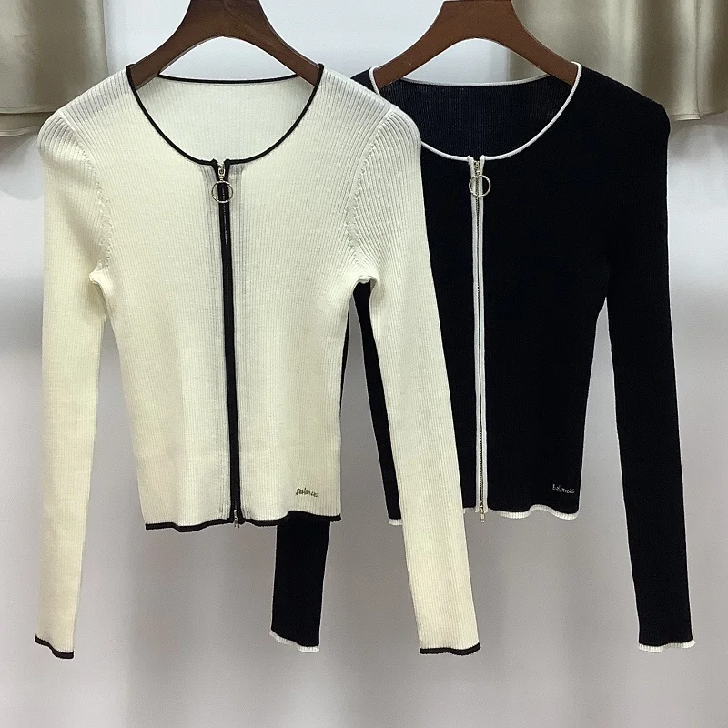 

100% шерстяной вязаный кардиган, свитера, Осень-зима 2023, вязаные топы, пальто, женская повседневная кофта на молнии спереди с длинным рукавом, бежевый и черный кардиган