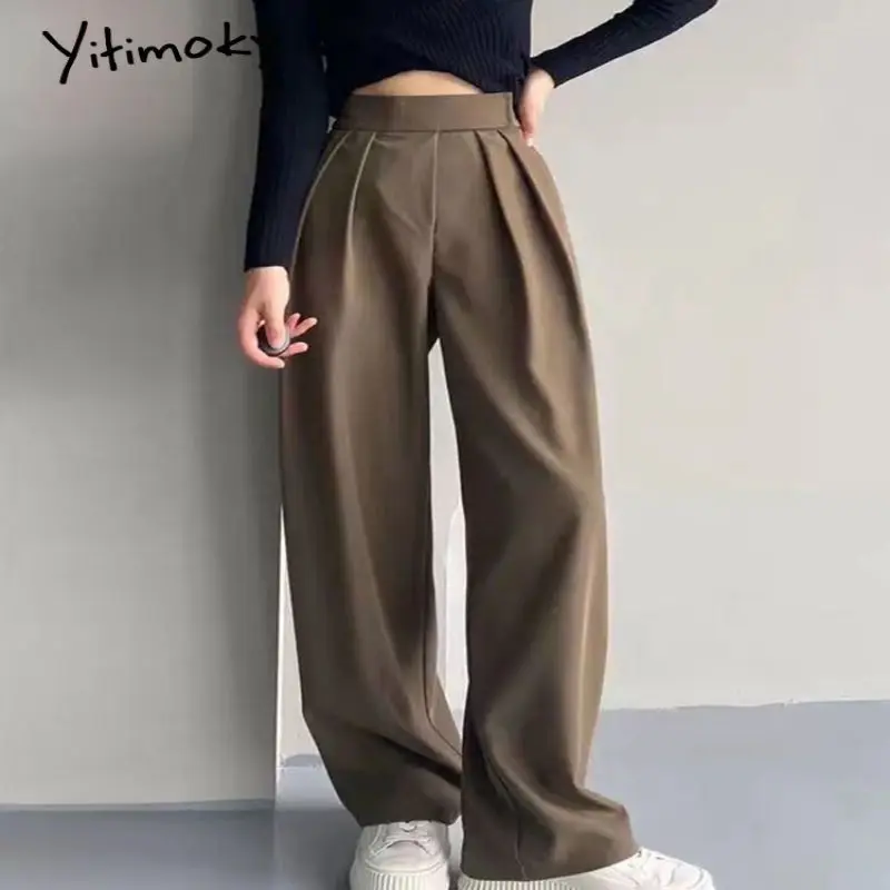 

Костюмные брюки Yitimoky для женщин, свободная одежда с высокой талией, прямые уличные штаны, весенние офисные женские длинные брюки, коричневы...