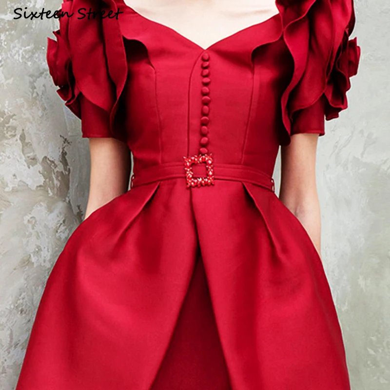 

New Vintage Red Dress Women with Belt Summer Street Single Breasted Flower Short Sleeve Bodycon Dress V Neck Women's Clothing
