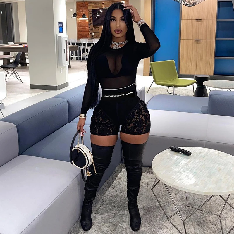 

2022 High Waist Street Sexy Lace Bodycon Shorts Y2k Club Casual Pencil Pants Women Fashion Gothic Perspective Summer Leggings