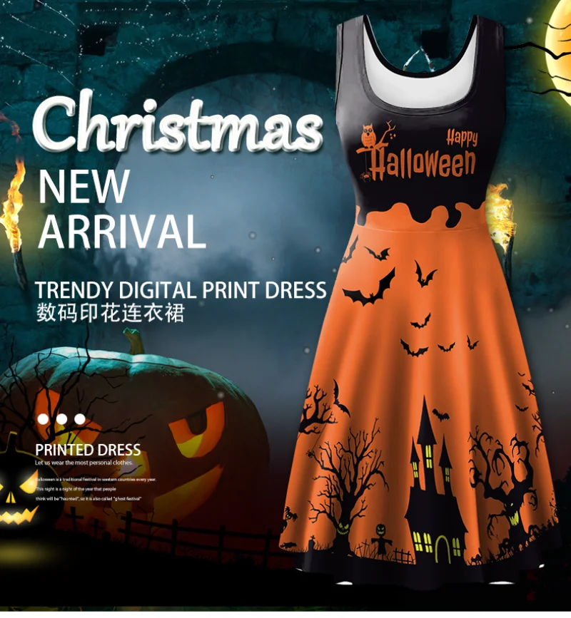 

New Halloween Dress Women's Sleeveless Terror Bat Skeleton Digital Printing Dresses Girls Clothes Family Christmas Fancy Dress