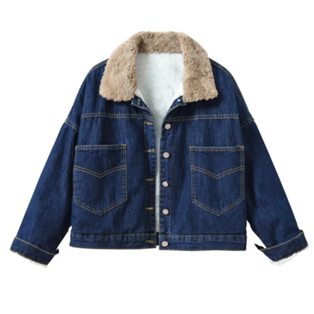 

2022 New Faux Fur Collar Denim Jacket Women Winter Warm Basic Coat Female Cold Motorcycle Outerwear Fleece Thick Padded Overcoat
