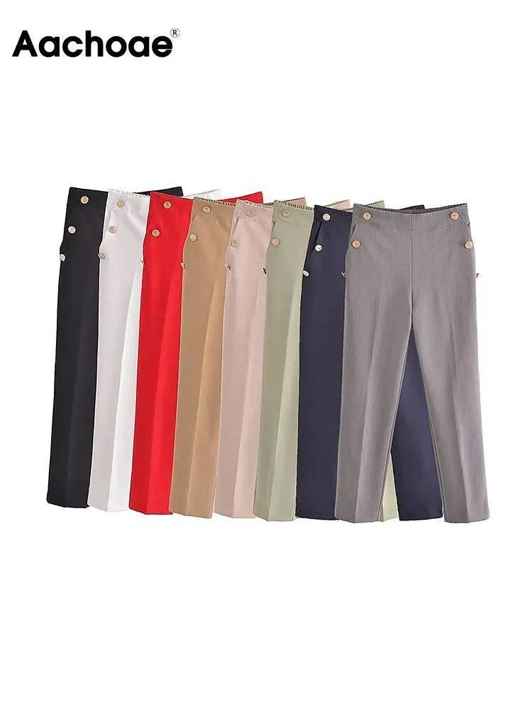 

Женские модные однотонные длинные брюки Aachoae, повседневные плиссированные женские брюки-карандаш на пуговицах с высокой талией и карманами