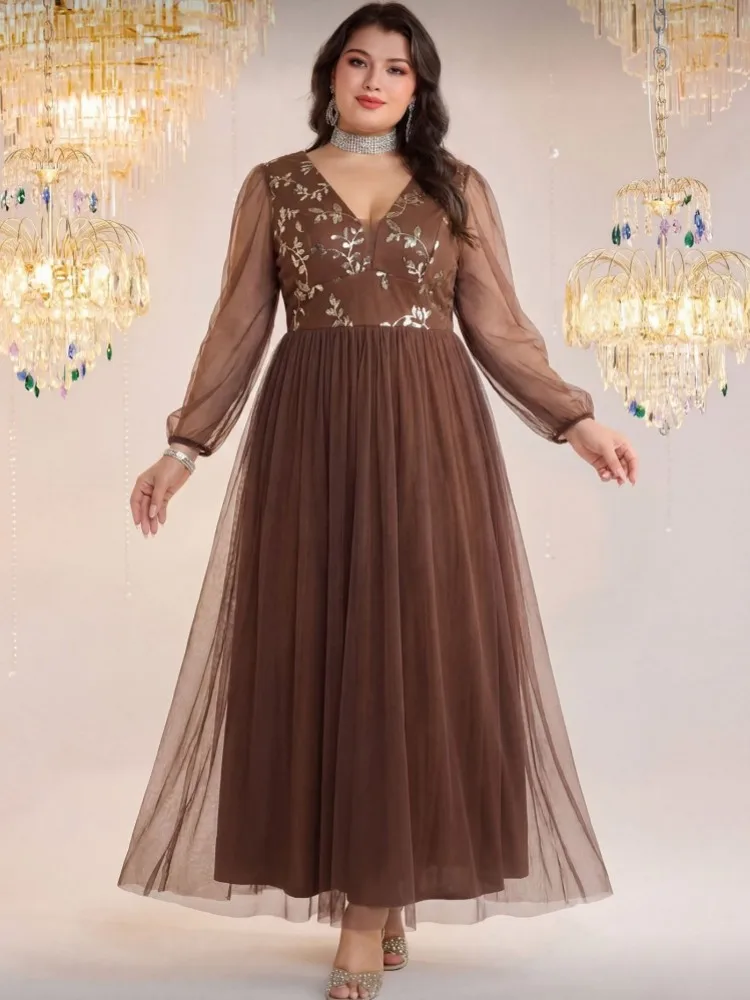 Фото Платья с пайетками больших размеров XL-3XL, женские летние платья с длинным рукавом в уличном стиле, повседневные макси-платья больших размеров 3XL, оверсайз №2