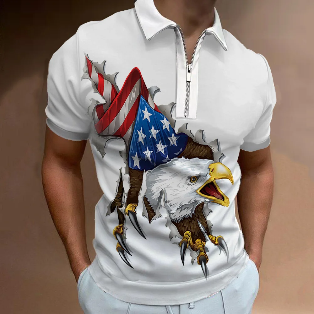 

Рубашка-поло мужская с принтом, короткий рукав, отложной воротник, на молнии, Повседневная Уличная одежда, рубашка-поло с американским флаго...