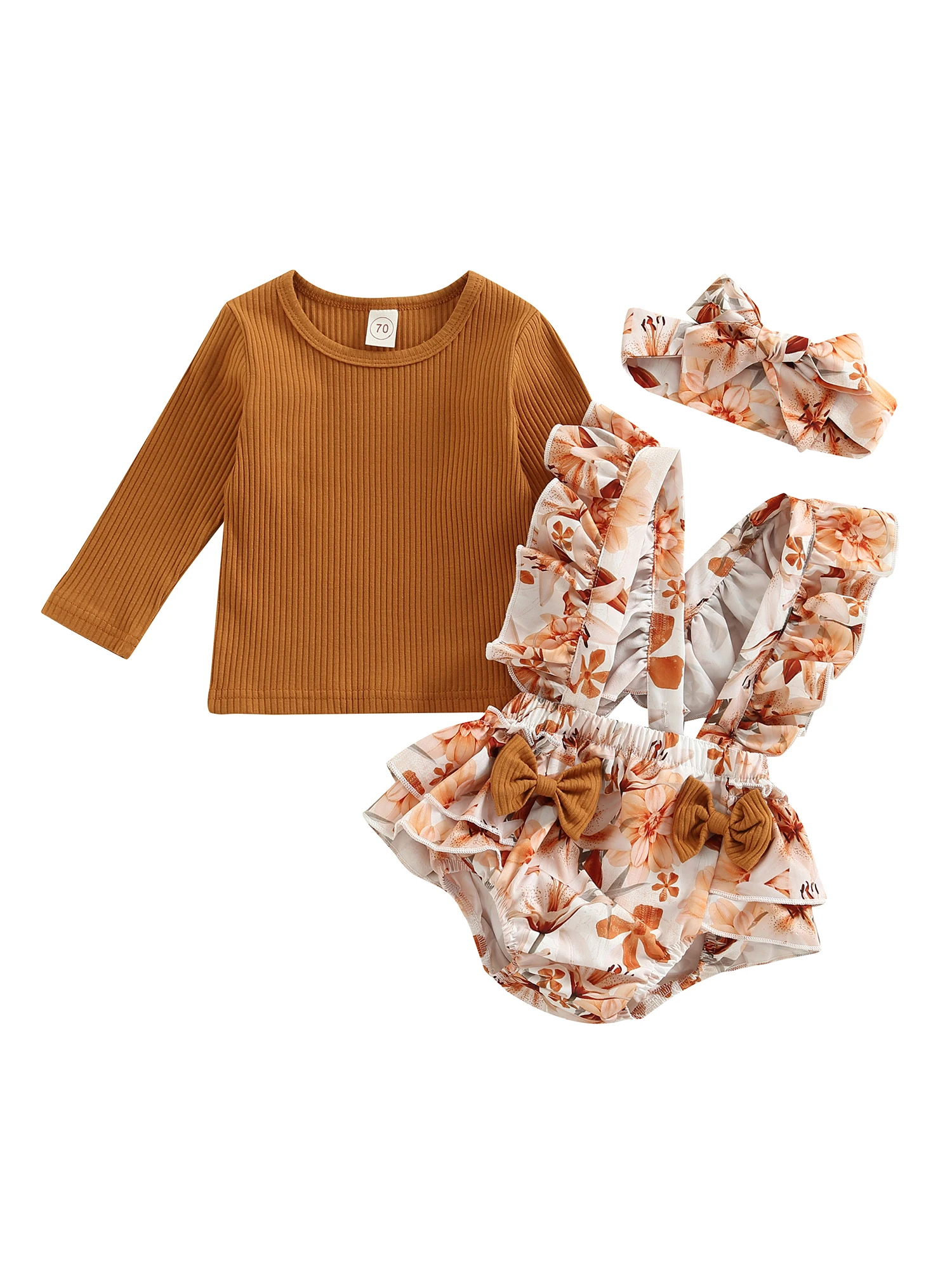 

Txlixc комбинезон для младенцев девочек наряды в рубчик с длинным рукавом трикотажные топы Цветочные гофрированные подтяжки шорты с бантом