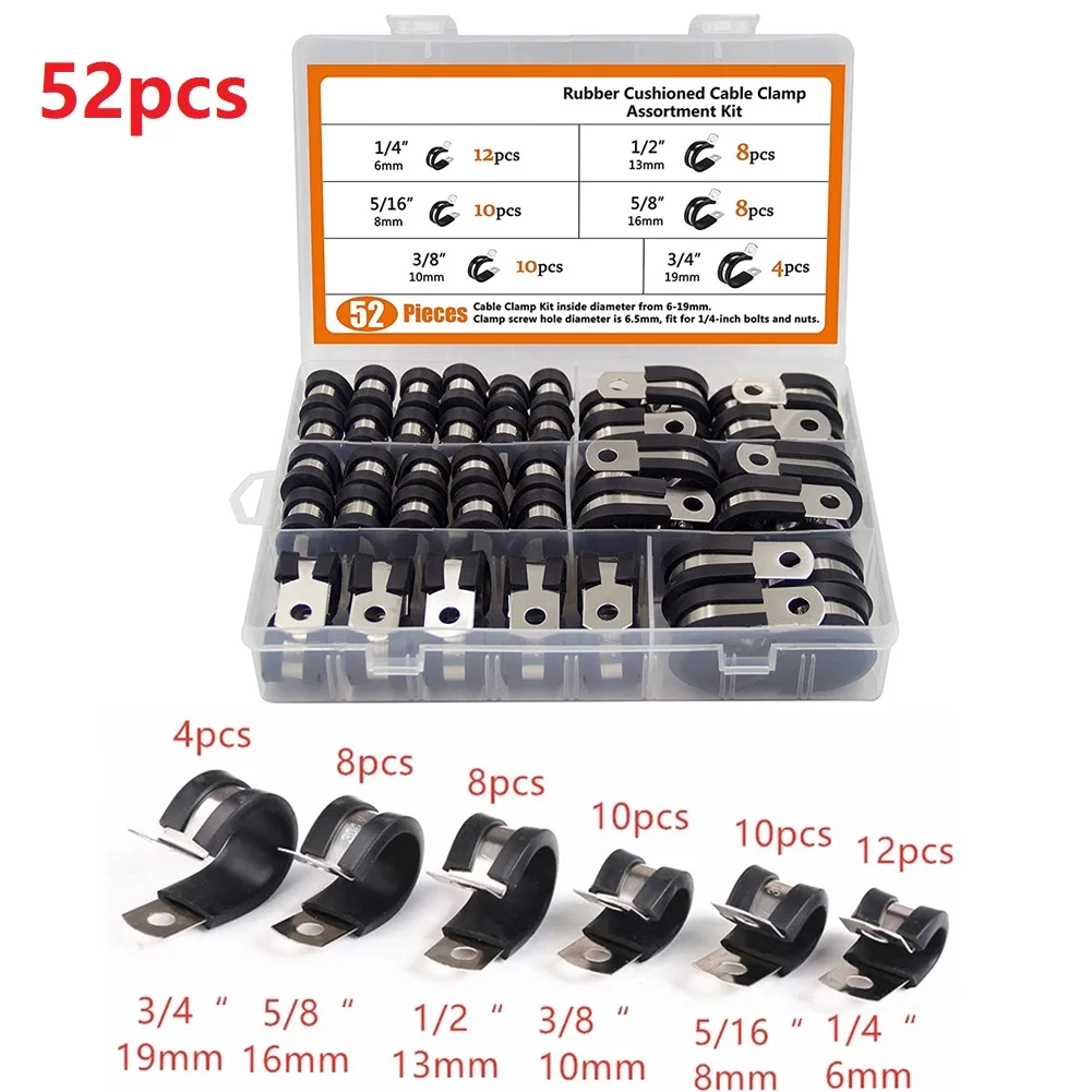Cable Clamp 52pcs Rubber Cushion Insulated Clamp Stainless Steel Metal Clamp Cable Clamp Cable Organizer