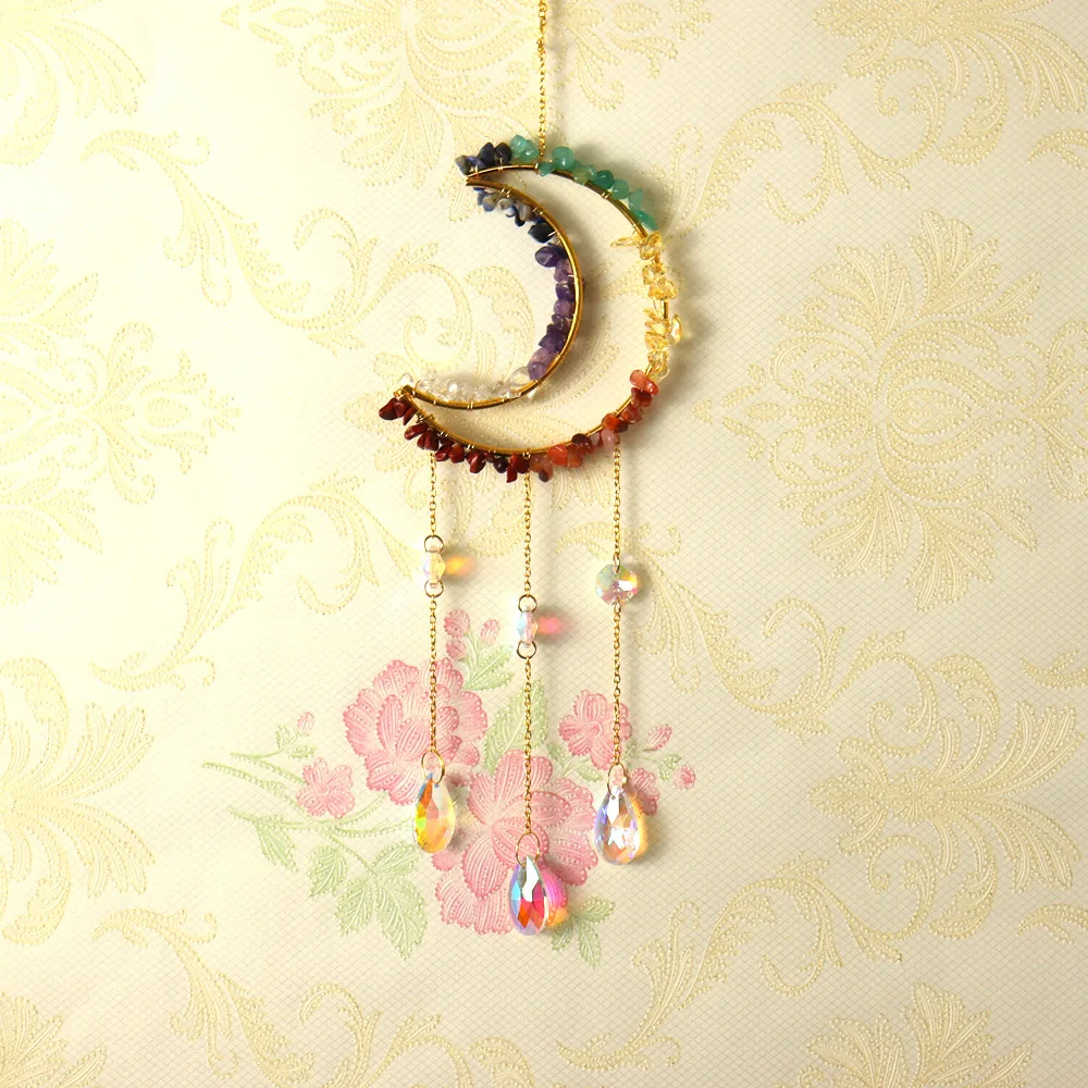 Handmade Natural Reiki Ore Amethyst Gravel Moon Sun Catcher With Glass Crystal Drop Pendant Christmas Gift Wind Chimes Hanging
