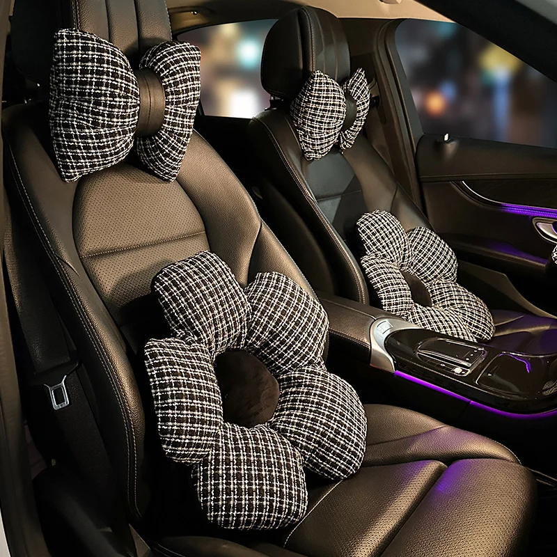 

New Bow Car Headrest Simple Fashion Houndstooth Soft and Comfortable Car Lumbar Neck Pillow Car Accessories Interior Decoration