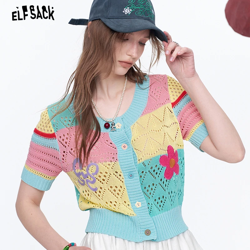 Фото Вязаный кардиган ELFSACK с цветочным принтом и бантом, топ с короткими рукавами в стиле Y2K Cottagecore №1