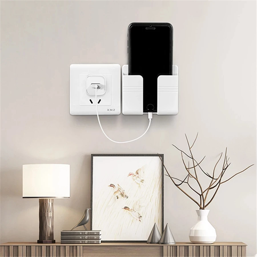 

Mobile Phone Charging Hanging Holder Multifunction Wall Mounted Plug Bracket Remote Control Mounted Storage Box
