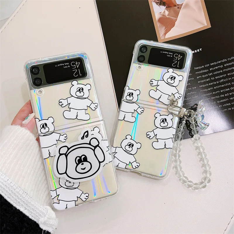 

Cartoon Bear Transparent Beads Pendant Phone Case for Samsung Galaxy Z Flip 3 5G PC Back Cover for ZFlip3 Protective Hard Case