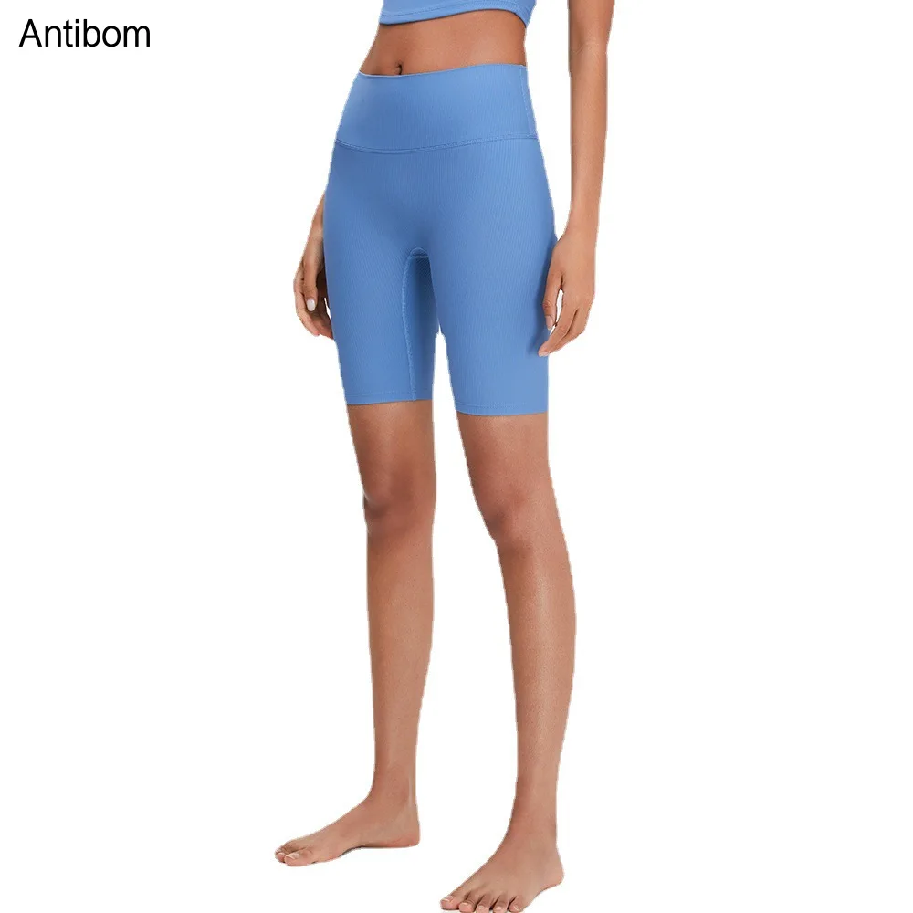 Antibom Sports Fitness Pants Women Nude Threaded Knee-Length High Waist Elastic Yoga Shorts Solid Color Joggings Training Tights