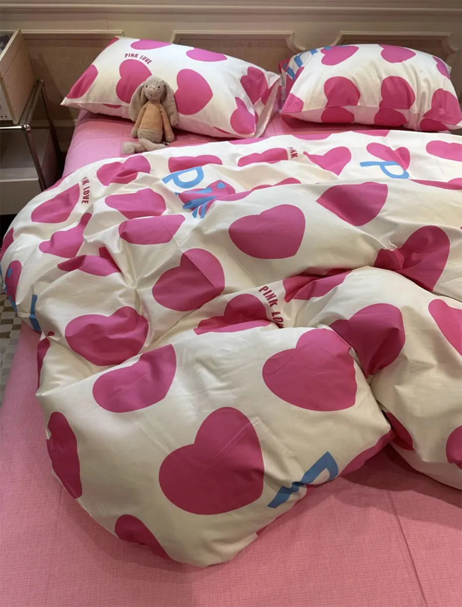 

Sweet cool pink heart letter bedding set teen girl,twin full queen lovely cotton home textile bed sheet pillow case quilt cover