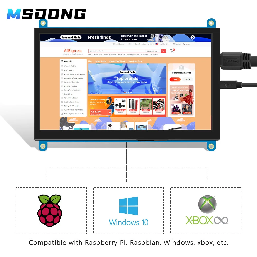 

Сенсорный экран Bimawen Raspberry Pi 7 дюймов, 1024X60 0 IPS дисплей, портативный монитор, компьютерный монитор, совместимый с 3b +/4b/Windows